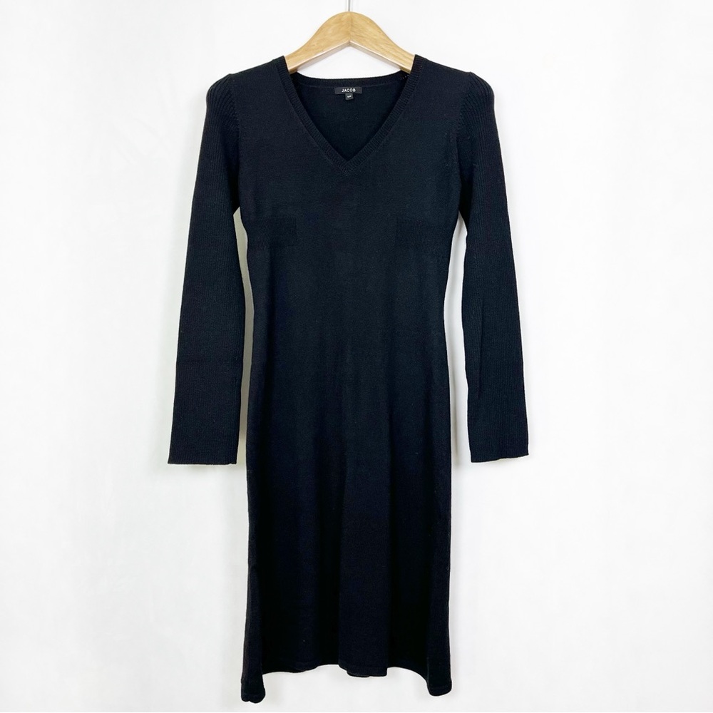 Vintage Jacob Black Wool Blend Long Sleeve V-Neck Midi Dress Size Small